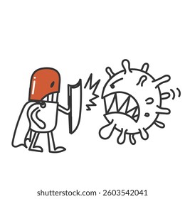 doodle capsule medicine character fighting against virus bacteria