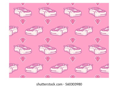 Doodle car background pink. Seamless baby pattern in vector. Texture for wallpaper, fills, web page background.