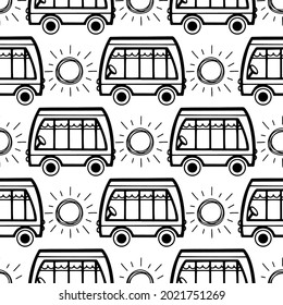 Doodle car and bus seamless pattern on white background. Hand drawn sketch style. Vector illustration for print textile, scrapbook. Wallpaper for baby boy.