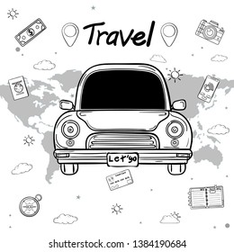 doodle car front check in point travel asset accessories around the world concept on white Background. blank space for text and content paper art, vector, banner, Hand Draw,