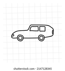 Coche Doodle. Gracioso dibujo estilo garabato. Ilustración del vector del vehículo de juguete dibujado a mano.