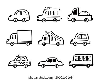 Juego de autos Doodle. Gracioso dibujo estilo garabato. Ilustración del vector del vehículo de juguete dibujado a mano.
