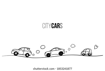 Doodle car sketch. Hand drawn line icon. Cartoon city auto transport co2 exhaust concept illustration. black continuous outline illustration. Abstract gas pollution view. Eco car fuel design on white.