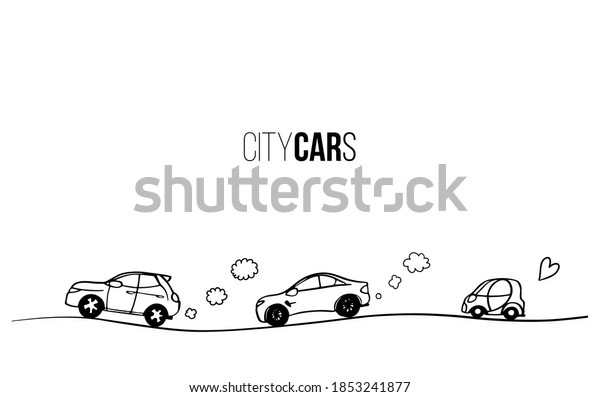Doodle car sketch. Hand drawn line icon. Cartoon\
city auto transport co2 exhaust concept illustration. black\
continuous outline illustration. Abstract gas pollution view. Eco\
car fuel design on\
white.