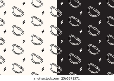 doodle carabiner d shape seamless pattern on black white background for adventure merchandise.  retro screw lock carabiner pattern background. pattern of climbing carabiner vector background