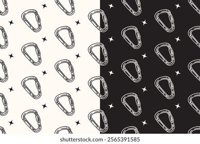 doodle carabiner pear shape seamless pattern on black white background for adventure merchandise.  retro screw lock carabiner pattern background. pattern of climbing carabiner vector background