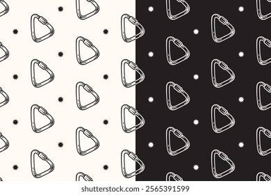 doodle carabiner triangle shape seamless pattern on black white background for adventure merchandise.  retro screw lock carabiner pattern background. pattern of climbing carabiner vector background