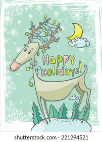 Doodle card with Christmas deer and winter greeting