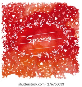 Doodle card. Card contains the elements of nature: leaves, berries, wreath. There are also decorative heart. Background colorful, watercolor.