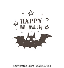 Doodle card with cute cartoon bat. Fabulous fictional character. Halloween poster. Vector contour image.