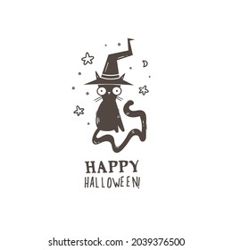 Doodle card with cute cartoon cat. Fabulous fictional character. Halloween animal poster. Vector contour image.