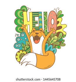 Doodle card with cute cartoon fox. Vector contour colorful imagel. 