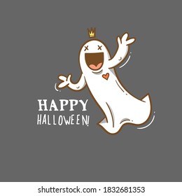 Doodle-Karte mit süßem Cartoon-Geist. Fantastischer Charakter. Halloween-Poster. Vektorkonturbild.