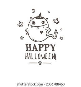 Doodle card with cute cartoon ghost. Fabulous fictional character. Halloween poster. Vector contour image.