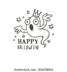 Doodle card with cute cartoon ghost. Fabulous fictional character. Halloween poster. Vector contour image.