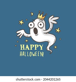 Doodle card with cute cartoon ghost. Fabulous fictional character. Halloween poster. Vector contour image.