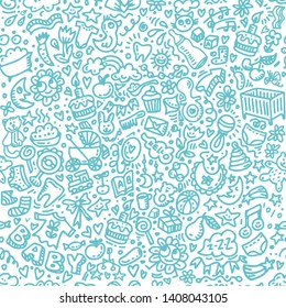 Doodle card hand drawn seamless pattern. Postcard template  baby vector illustration. Decorative background with newborn. Funny wrapping paper, textile, backdrop cartoon design for children's holiday