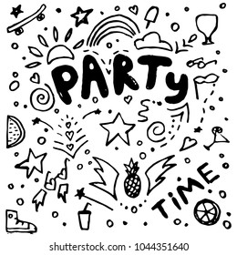 Doodle card with lettering in hand drawn style. For print, poster, creative design. Vector illustration