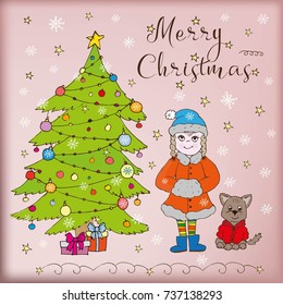 Doodle card merry Christmas tree snow girl and dog and gifts on pink background