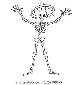 Doodle card with mexican skeleton in sombrero on white background. Vector hand drawn holiday illustration of dancing dead skeleton of mariachi musician. Line element for design for Day of the dead. 