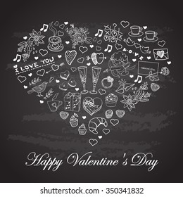 Doodle card for Valentine's Day on a black graphite board. Vector. Illustration for greeting cards, invitations, and other printing projects.