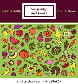 Doodle card from vegetables and fruits. Vegetarian hand drawn background