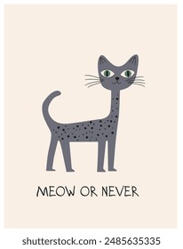 Doodle cards with cute color Hand drawn cat, funny quotes for cat lovers. Art drawing vector illustration. Design for poster, t-shirt, fashion print. Lazy, animal kitten. Childrens cute greeting card