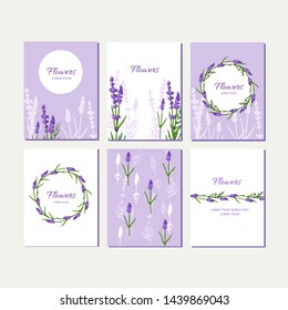 Doodle cards set with lavender flowers and wreath on white and lilac background.