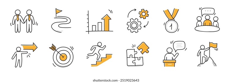 Doodle career icon set. Success winner, business goal, challenge hand drawn sketch line pen stroke style icon. Professional business career, goal sketch doodle drawn collection. Vector illustration