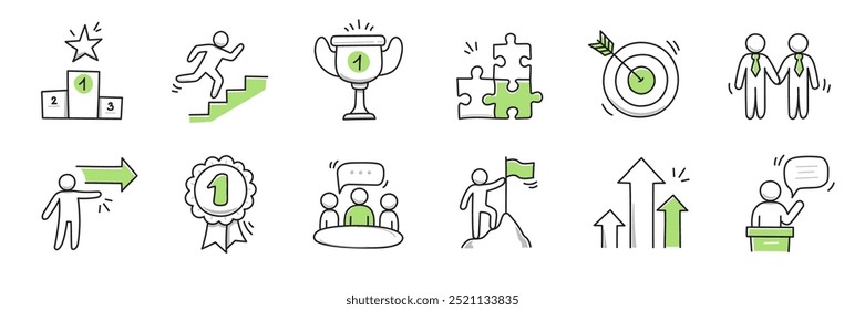 Doodle career icon set. Success winner, business goal, challenge hand drawn sketch line pen stroke style icon. Professional business career, goal sketch doodle drawn collection. Vector illustration