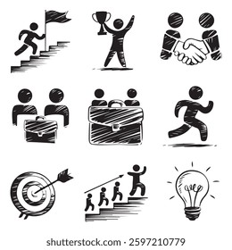 Doodle career icon set. Success winner, business goal, challenge hand drawn sketch line pen stroke style icon. Professional business career, 