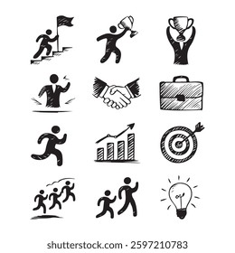Doodle career icon set. Success winner, business goal, challenge hand drawn sketch line pen stroke style icon. Professional business career, 