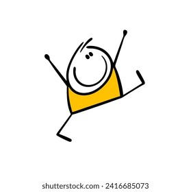 Doodle carefree child walks, dances, runs merrily. Vector illustration of an uninhibited, cheerful stickman boy. Isolated hand drawn character kid on white background.