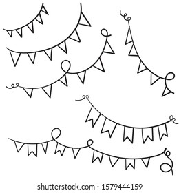 doodle Carnival garland with flags. Decorative hand drawn party pennants for birthday celebration, new year. isolated vector