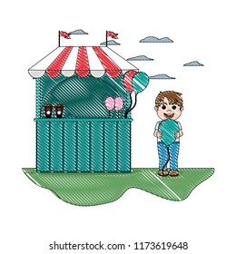 doodle carnival shop and cute boy with balloon