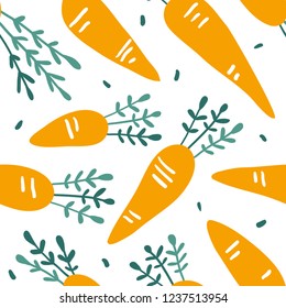 Doodle carrot vector seamless pattern. Hand drawn texture for kitchen wallpaper, textile, fabric, paper. Food background. Flat vegetables on white. Vegan, farm, natural