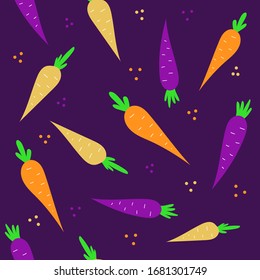 Doodle carrot vector seamless pattern. Hand-drawn texture for kitchen Wallpaper , textiles, fabric and paper. Food background. Colored carrots on a purple background