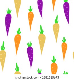 Doodle carrot vector seamless pattern. Hand-drawn texture for kitchen wallpaper , textiles, fabric and paper. Food background. Flat vegetables on a white background.