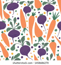 Doodle carrots and beetroot wallpaper. Hand drawn carrot and beet seamless pattern on white background.  Design for fabric, textile print, wrapping paper, children textile. Vector illustration