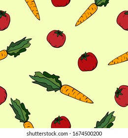 zanahorias de perro y tomates con fondo amarillo claro. Patrón de comida vegetal sin foco.