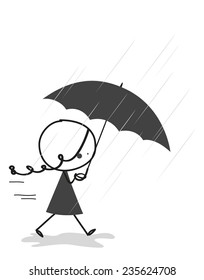Doodle carrying an umbrella in the pouring rain