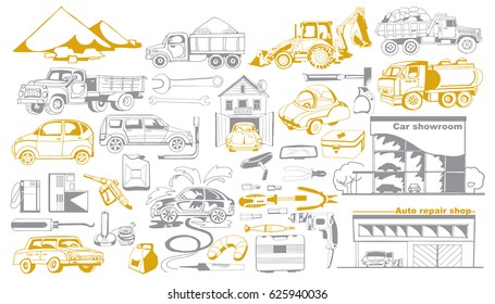 Doodle cars and auto service collection with different trucks automobiles tractor repair tools and equipment isolated vector illustration