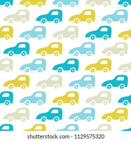 Doodle cars background. Seamless baby boy pattern in vector. Texture for wallpaper, fills, web page background.