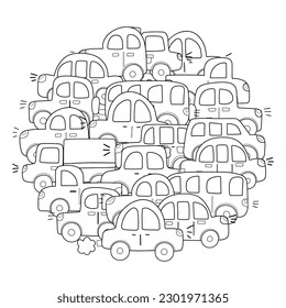 Doodle cars circle shape coloring page. Hand drawn mandala with vehicles background for coloring book. Vector illustration