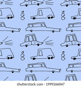 Doodle cars pattern. Seamless texture for textiles, wallpapers, wrappers, packaging. Hand drawn vector illustration.
