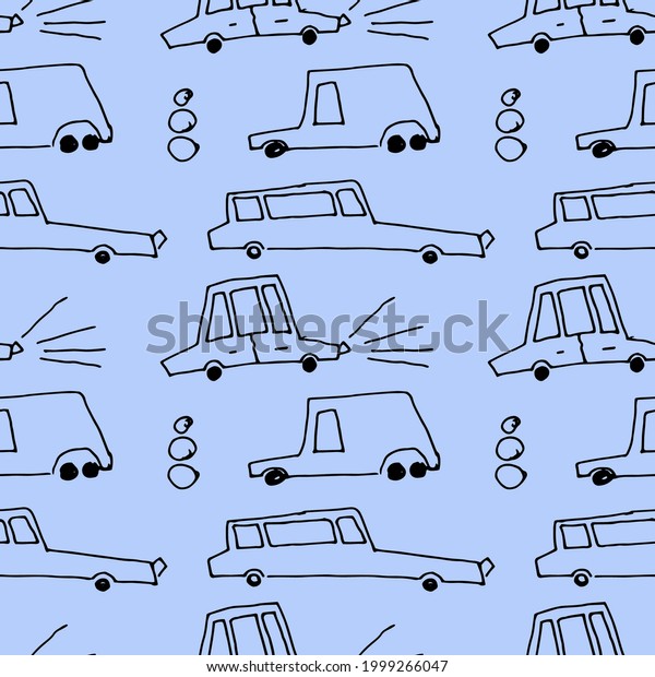 Doodle cars
pattern. Seamless texture for textiles, wallpapers, wrappers,
packaging. Hand drawn vector
illustration.