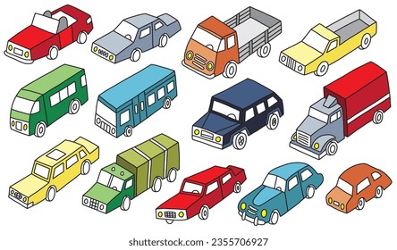 doodle cars and trucks icon collection