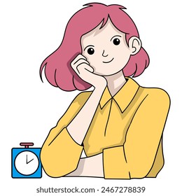 Doodle Cartoon Aktivität Zeitplan, schöne Frau wartet auf Zeit, um zu arbeiten
