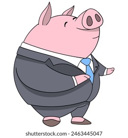 doodle cartoon animal doing business, pink pig wearing a suit going to the office looking for money