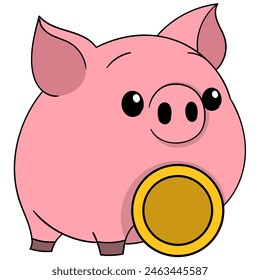 doodle cartoon animal doing business, pink pig carrying cryptocurrency coins